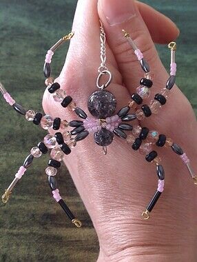 Handcrafted Pink & Black Beaded Spider Pendant